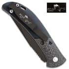 The Bear & Song Bold Action IX Automatic Pocket Knife handle scales are constructed of black G10 and carbon fiber and the handle has an automatic opening and safety lock