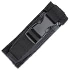 It come with a tough nylon belt sheath with a quick-release buckle closure