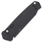 The 4 2/5”, black G10 handle has a milled chevron pattern and it features a mini, deep-carry pocket clip and a lanyard hole