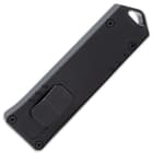 It has a black, CNC-milled 6061-T6 aluminum handle with a lanyard hole so that it can be carried on a keyring.