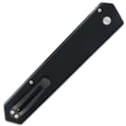 It has a black, CNC-milled aluminum handle with a push button lock and a tip-up pocket clip for ease of carry