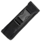 The 8 1/2” overall auto pocket knife can be stored and carried in its nylon belt sheath that has an ABS quick-release buckle