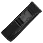 The 9” overall auto pocket knife can be stored and carried in its nylon belt sheath that has an ABS quick-release buckle