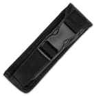 The 9 1/4” overall auto pocket knife can be stored and carried in its nylon belt sheath that has an ABS quick-release buckle
