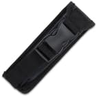 The 9 1/4” overall auto pocket knife can be stored and carried in its nylon belt sheath that has an ABS quick-release buckle