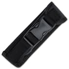 The 8” overall auto pocket knife can be stored and carried in its nylon belt sheath that has an ABS quick-release buckle