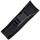 The impressive stiletto pocket knife can be securely carried in a nylon belt sheath with a quick-release buckle closure