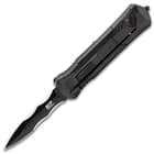 The double-edged stainless dagger blade is serrated.