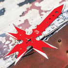 The fantasy throwing axe is crafted of one, solid piece of AUS-6 stainless steel with a bright red and satin finish