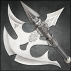 Zoomed view to show the stainless steel axe blade and back spike detailing.