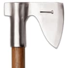 The tempered steel axe head is 4 3/4”x 3 7/8” with a flat poll, making a good tool for hammering in wooden stakes