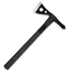 The 15 3/4” overall tomahawk has a stainless steel head with a black, hard-cased coating and a 51-53 HRC