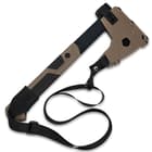 The 14” overall axe comes with a molded sheath and nylon straps for secure storage and easy over-the-shoulder carry