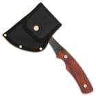 The axe head can be protected in a tough nylon sheath with snap closure and the axe is 9 1/2” in overall length