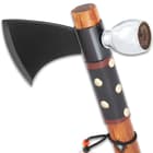 Southwestern Tomahawk Peace Pipe - Stainless Steel Head With Bowl, Wooden Handle, Leather Grip, Feather And Brass Stud Accents - Length 17 3/4”
