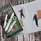 A closeup view of the knife throwing guide, showing images of a man taking the stance to throw a knife at a target.