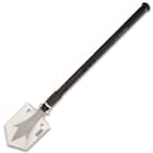 The entrenchment tool is 30 3/4” in length when fully put together and a steel lock allows the shovel to be secured into position