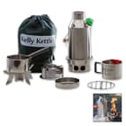 It includes the stainless steel Trekker, small cook set, Kelly Kettle Pot Support, a camping cup, and a small Hobo Stove