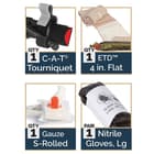 Included are Black Talon nitrile trauma gloves, Combat Application Tourniquet, 4 1/2”x 4 yds S-rolled Gauze and Flat 4” Emergency Trauma Dressing