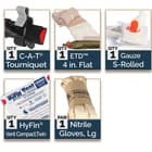 The kit contains a C-A-T Tourniquet, a  1”x 4” Flat ETD, 4 1/2”x 4 yds S-rolled gauze, HyFin Vent Compact Chest Seals and gloves