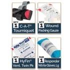 The kit contains a C-A-T Tourniquet, NAR Wound Packing Gauze, HyFin Vent Compact Chest Seals, a pair of nitrile gloves