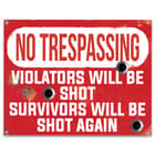 No Trespassing Violators Will Be Shot Tin Sign - Vibrant Artwork, Corrosion Resistant, Mounting Holes - Dimensions 16”x 12 1/2”