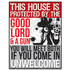 This House Is Protected By God Tin Sign - Vibrant Artwork, Corrosion Resistant, Mounting Holes - Dimensions 12 1/2”x 16”