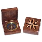 Compass Rose Box And Compass - Wooden Construction, Inlaid Design On Lid, Working Brass Compass, Great Gift Idea