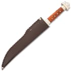 Saxon Seax Knife With Leather Sheath - Etched Blade, Flat Ground, Wooden Handle, Brass Pommel And Guard