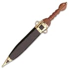 The sword comes complete with a wooden scabbard, covered in genuine leather, with brass accents