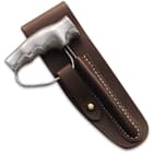 Included with the 6 1/4” dagger is a standard top-grain leather scabbard sewn with waxed linen thread and brass hardware