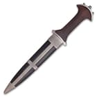 Included with the 14 1/2” dagger is a genuine leather sheath with hand-applied, antiqued steel reinforcing accents