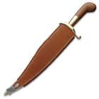 The 16 1/4” overall bowie knife comes in a top grain, leather belt sheath with embossing and a metal reinforced tip