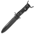 The bayonet housed in a heavy-duty ABS sheath that secures the weapon with a strap around the handle.