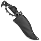 The 15” overall fantasy fixed blade can be stored and carried in its tough nylon belt sheath, designed specifically for it