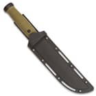 The 12” overall fixed blade knife snaps securely into its hard plastic belt sheath, which features lashing holes on the sides