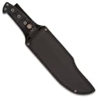 The bowie knife is 15” in overall length and can be securely carried and stored in a nylon belt sheath with a snap strap closure
