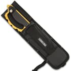 The 15” overall trench knife can be carried and stored in a tough, black nylon belt sheath, which features lashing holes