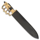 The massive toothpick knife is 16” in overall length and slides into the included heavy-duty, genuine leather sheath