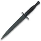 The 11 1/4” knife has a 7” double-edged blade made of stainless steel, metal finger guard, and ridged solid metal handle.