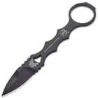 The mini dagger is made of one piece of solid, 440C stainless steel with a black-coated finish, giving it a 58-60HRC