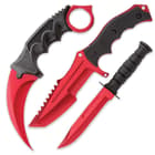 The karambit, huntsman, and military knife all have stainless steel blade with red metallic finish and durable TPU secure-grip handles.