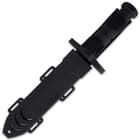 The survival knife comes in a sturdy TPU leg and belt sheath and the throwing knives come in a tough nylon belt sheath