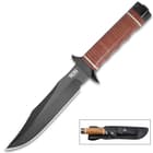 It features a 6 2/5” full-tang, clip point blade made of quality AUS-8 steel with a hard-cased black TiNi coating and a 57-58 HRC