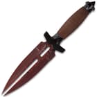 The knife’s handle is wrapped in copper-colored wire, complementing the HellFyre Damascus steel blade split into two points.