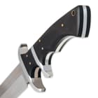 This knife has a trigger-grip handle made of premium Micarta and cast stainless steel guard, pommel, and fittings.