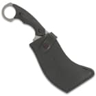 The 9 1/2” overall cleaver knife can be stored in its genuine leather belt sheath, secured with a snap strap closure