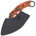 The 7 3/4” overall ulu knife can be stored and carried in its premium, black leather belt sheath with snap strap closure