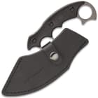 The 7 4/5” overall ulu knife can be stored and carried in its premium, black leather belt sheath with snap strap closure