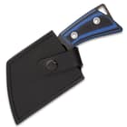 The 6 1/2” overall cleaver knife can be stored and carried in its leather belt sheath, which has a snap strap closure
